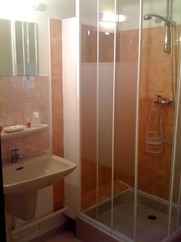 a bathroom with a shower and a sink at Hotel du Centre in Pierrelatte