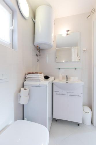 a white bathroom with a toilet and a sink at Apartments Bernarda in Skrbčići