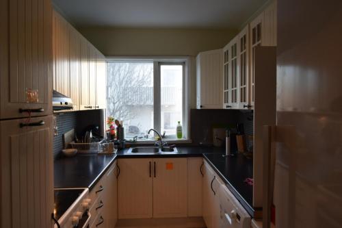 a kitchen with a sink and a window at Igdlo Guesthouse in Reykjavík