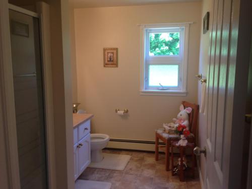 a bathroom with a toilet and a window and a chair at Wright's Creek Apartment in Charlottetown