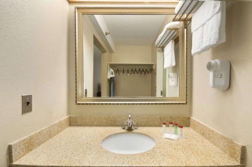 a bathroom with a sink with a large mirror at Ramada by Wyndham Raleigh in Raleigh