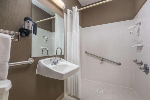 a bathroom with a sink and a shower at Ramada by Wyndham Catlettsburg Ashland in Catlettsburg