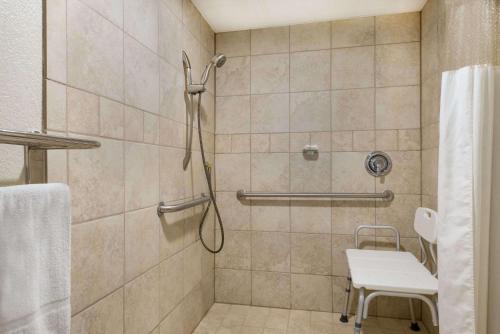 a bathroom with a shower with a bench in it at Ramada by Wyndham Paintsville Hotel & Conference Center in Paintsville