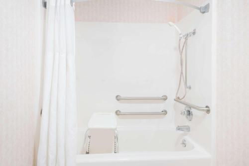 a bathroom with a shower and a sink at Ramada by Wyndham Strasburg Dover in Strasburg