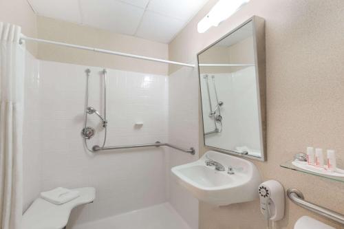 a bathroom with a sink and a toilet and a mirror at Ramada by Wyndham Yonkers - Westchester in Yonkers