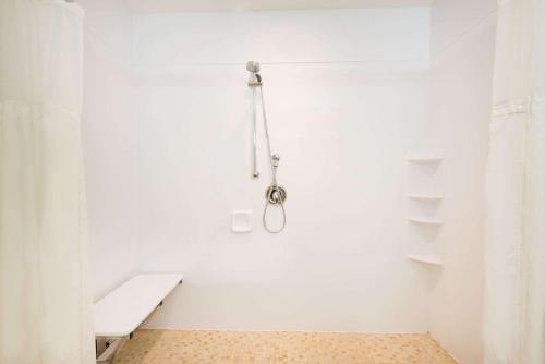 a white bathroom with a shower with a bench at Ramada by Wyndham St. John's in St. John's