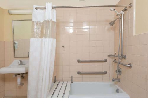 a bathroom with a shower curtain and a sink at Ramada by Wyndham Santa Barbara in Santa Barbara
