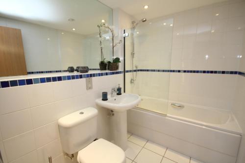 a bathroom with a toilet and a sink and a shower at Napoleon Apartment in Leamington Spa