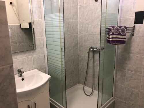 a bathroom with a shower and a sink at Napsugár Vendégház in Kehidakustány