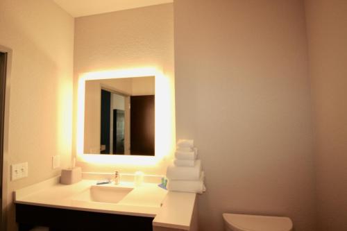 ein Badezimmer mit einem Waschbecken, einem Spiegel und einem WC in der Unterkunft Holiday Inn Express & Suites - Kirksville - University Area, an IHG Hotel in Kirksville