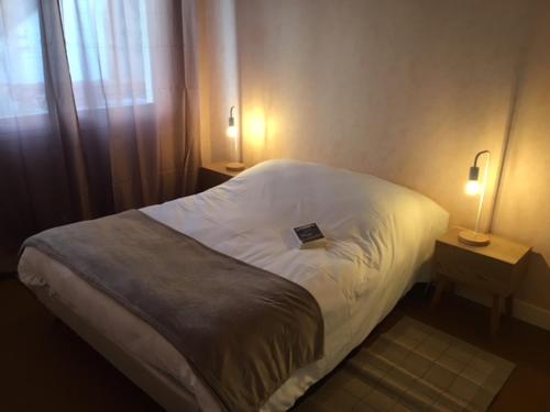 un lit dans une chambre avec deux tables de nuit et deux lampes dans l'établissement Plein Ciel Appartement, à Le Touquet-Paris-Plage