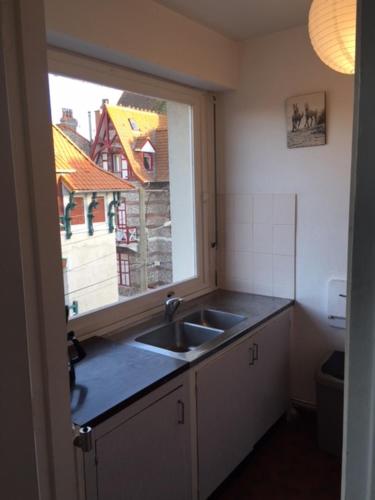 une cuisine avec un évier et une fenêtre dans l'établissement Plein Ciel Appartement, à Le Touquet-Paris-Plage