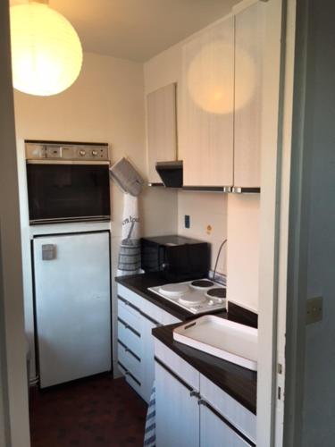 une petite cuisine avec un évier et un réfrigérateur dans l'établissement Plein Ciel Appartement, à Le Touquet-Paris-Plage