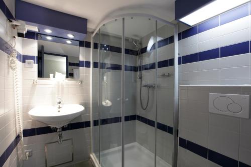 a bathroom with a glass shower and a sink at Floreal La Roche-en-Ardenne in La Roche-en-Ardenne