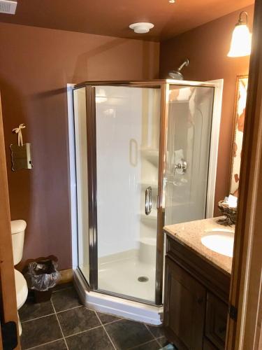 a bathroom with a shower and a sink at Boyne Mountain Creekside Condo in Boyne Falls