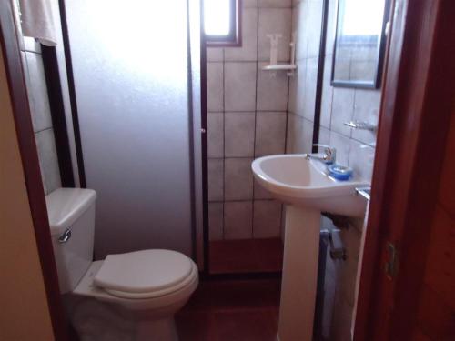 a small bathroom with a toilet and a sink at Boomerang Inn in Pucón