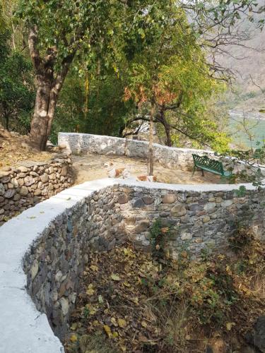 a cat sitting on a stone wall next to a bench at Samira's Birds & Butterflies Park-Spashram Ganga Beach Retreat in Rishīkesh