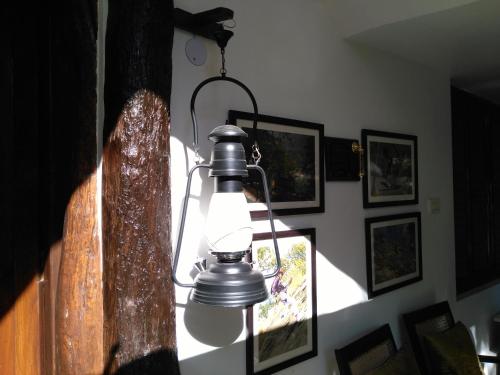 a lamp hanging on a wall with pictures at Samira's Birds & Butterflies Park-Spashram Ganga Beach Retreat in Rishīkesh