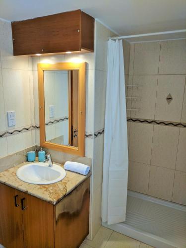 un bagno con lavandino e doccia di ANTHORINA VILLA 9 a Protaras