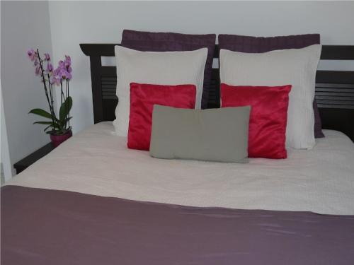 1 cama con 4 almohadas y almohadas rojas y blancas en Grand Appartement dans Maison avec Piscine Privée, en Fréjus