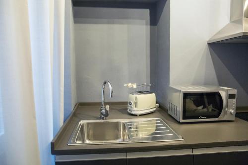 a kitchen counter with a sink and a microwave at La Canonica - charming self-catering apartments in Nizza Monferrato in Nizza Monferrato