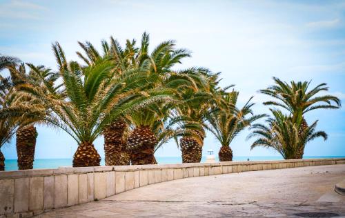 a row of palm trees in front of the ocean at Palazzo Filisio - Regia Restaurant in Trani