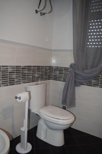 łazienka z toaletą i zasłoną prysznicową w obiekcie Villa Margherita w mieście Agnone Bagni