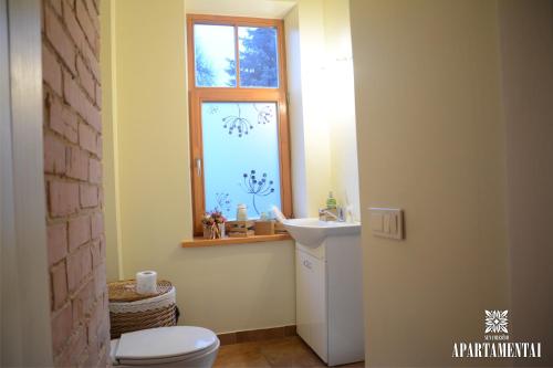 a bathroom with a toilet and a sink and a window at Senamiesčio APARTAMENTAI in Panevėžys