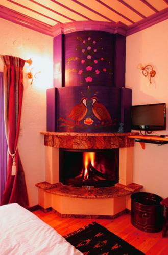 a living room with a fireplace in a room at Kalliopi in Papingo