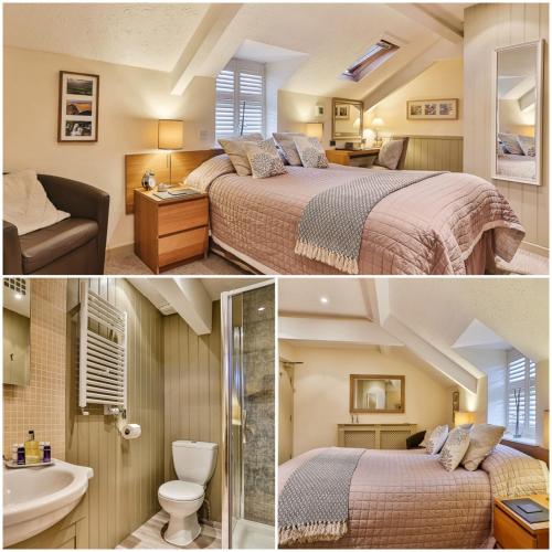 two pictures of a room with two beds and a bathroom at The Coach House Brecon in Brecon