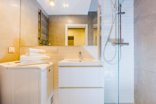 W łazience znajduje się umywalka i prysznic. w obiekcie Zigzak Apartments Superior 9A w mieście Rzeszów