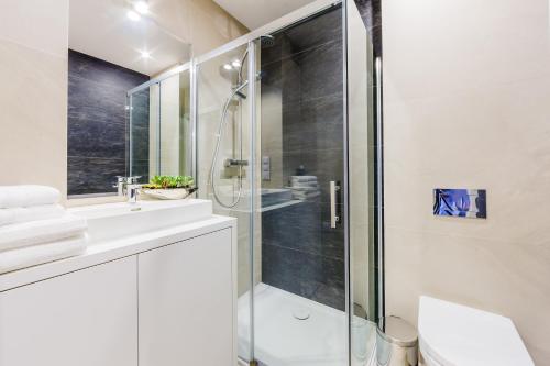 e bagno con doccia, servizi igienici e lavandino. di Zigzak Apartments Superior 9B a Rzeszów