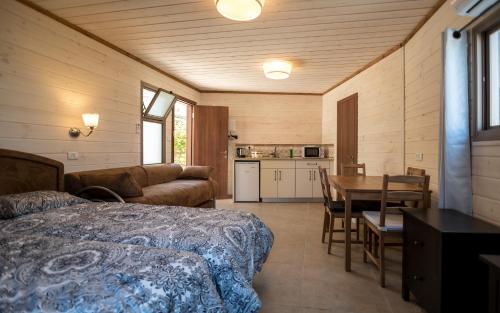 ein Schlafzimmer mit einem Bett und einem Tisch sowie eine Küche in der Unterkunft Myrtle the Turtle Guesthouse in Safed