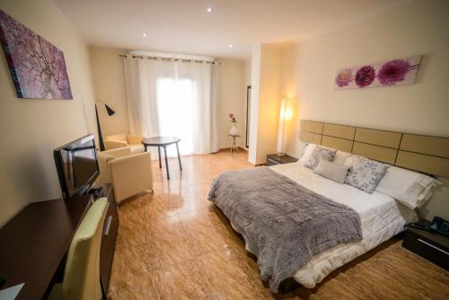 Un dormitorio con una cama y una mesa. en Hotel Oasis Familiar, en Jerez de los Caballeros