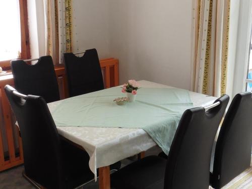 a dining room table with a green table cloth and chairs at Hilde in Lungötz