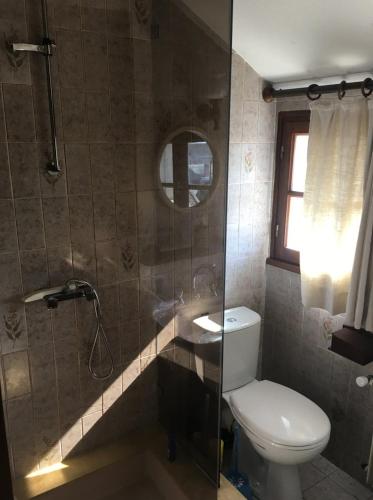La salle de bains est pourvue de toilettes et d'une douche avec un miroir. dans l'établissement Le Triplex Gambetta, à Saint-Aignan