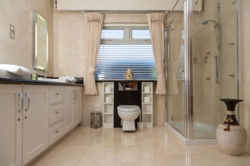 uma casa de banho com um WC, um chuveiro e uma janela. em Bethel Guesthouse em Rosscarbery