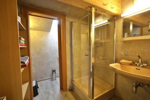 uma casa de banho com um chuveiro e um lavatório. em Frühstückspension Jagdhof em Obertilliach