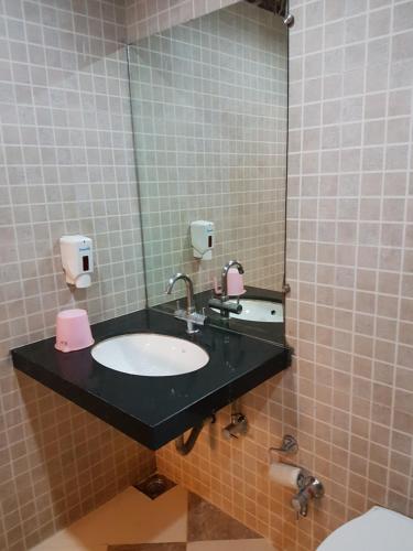 a bathroom with a sink and a mirror at Hotel Swagat in Mount Ābu
