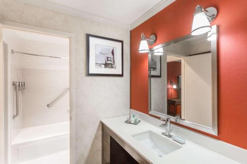 La salle de bains est pourvue d'un lavabo et d'un miroir. dans l'établissement Wyndham Garden Silicon Valley, à San José