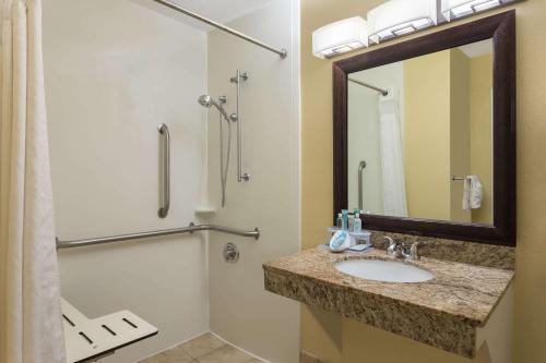 a bathroom with a sink and a mirror and a shower at Wyndham Garden Summerville in Summerville