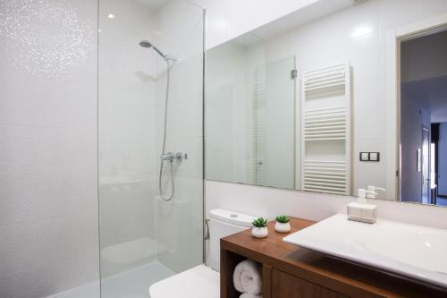 a bathroom with a glass shower and a sink at Raval de Ripoll in Ripoll