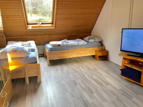 Pokój z dwoma łóżkami i telewizorem w obiekcie Messe Stuttgart Ferienwohnungen Kaiser w mieście Ostfildern