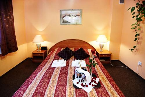 a hotel room with a bed with two lamps at Hotel Dukat in Biała Podlaska
