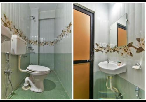 2 immagini di un bagno con servizi igienici e lavandino di Sweet AC Rooms near KFC Restaurant a Saligao