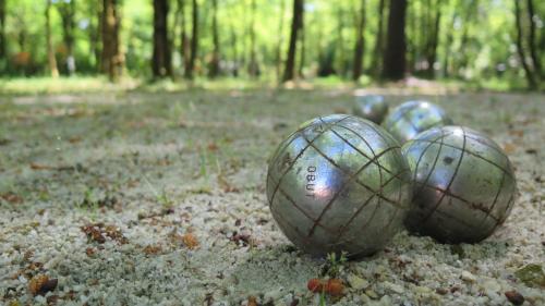 three soccer balls on the ground in a forest at La Morandiere in Grayan-et-lʼHôpital