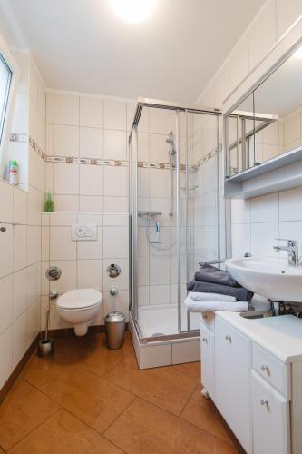 a bathroom with a shower and a toilet and a sink at Apartment 1 Zimmer EG in Ratingen