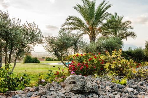 a garden with flowers and palm trees in the background at Hotel Sa Franquesa Nova in Vilafranca de Bonany