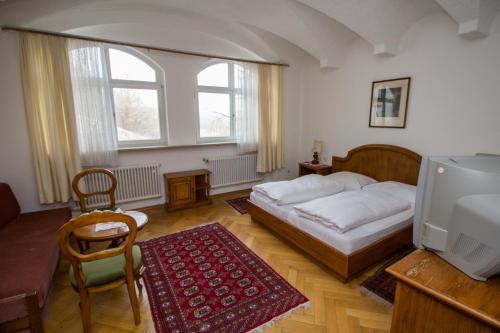 a bedroom with a bed and a tv in it at Villa am Park in Bad Tölz