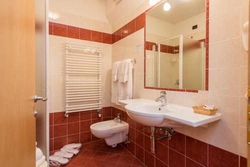 a bathroom with a sink and a toilet and a mirror at Hotel Italia in Castello di Fiemme